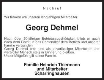 Traueranzeige von Georg Dehmel von KREISZEITUNG SYKE