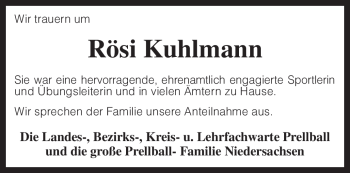 Traueranzeige von Rösi Kuhlmann von KREISZEITUNG SYKE