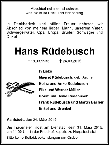 Traueranzeige von Hans Rüdebusch von KRZ