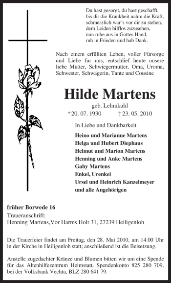 Traueranzeige von Hilde Martens von KREISZEITUNG SYKE