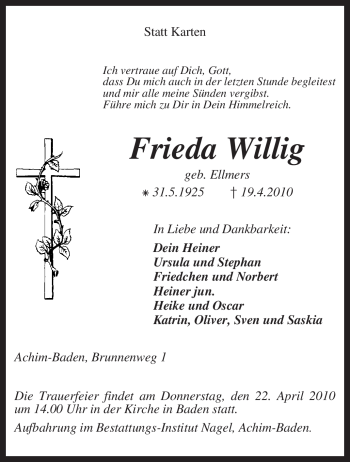Traueranzeige von Frieda Willig von KREISZEITUNG SYKE
