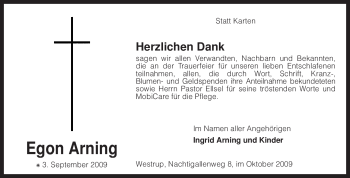 Traueranzeige von Egon Arning von KREISZEITUNG SYKE