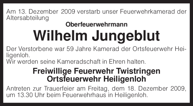  Traueranzeige für Wilhelm Jungeblut vom 15.12.2009 aus KREISZEITUNG SYKE