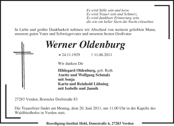 Traueranzeige von Werner Oldenburg von KREISZEITUNG SYKE