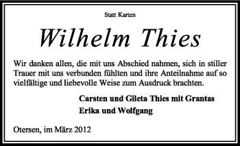 Traueranzeige von Wilhelm Thies von KREISZEITUNG SYKE