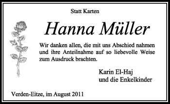 Traueranzeige von Hanna Müller von KREISZEITUNG SYKE