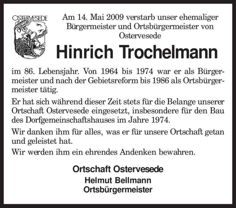  Traueranzeige für Hinrich Trochelmann vom 16.05.2009 aus KREISZEITUNG SYKE