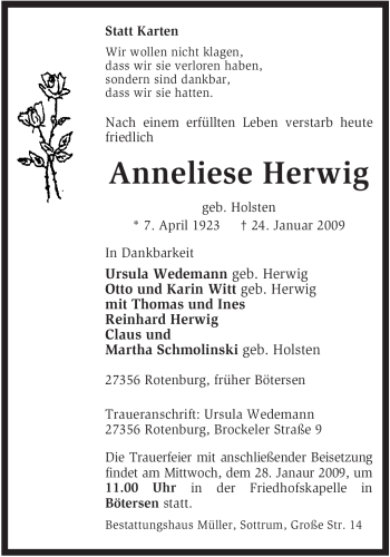 Traueranzeige von Anneliese Herwig von KREISZEITUNG SYKE