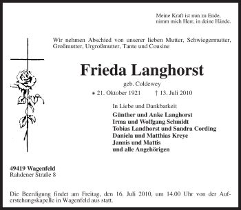 Traueranzeige von Frieda Langhorst von KREISZEITUNG SYKE