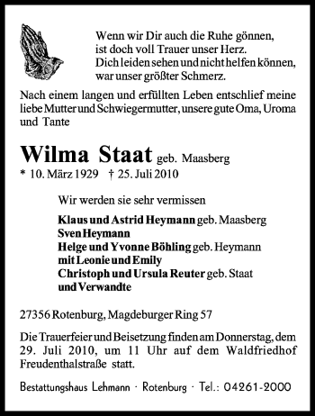 Traueranzeige von Wilma Staat von KREISZEITUNG SYKE