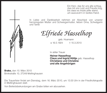 Traueranzeige von Elfriede Hasselhop von KREISZEITUNG SYKE