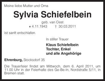 Traueranzeige von Sylvia Schiefelbein von KREISZEITUNG SYKE