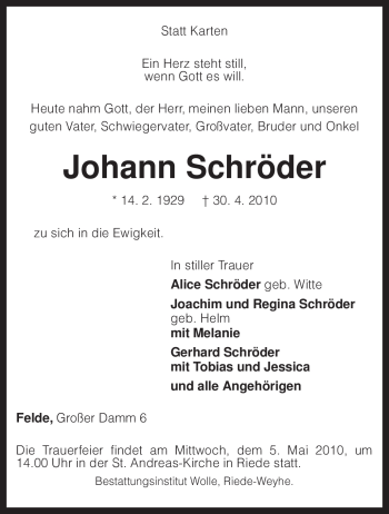 Traueranzeige von Johann Schröder von KREISZEITUNG SYKE