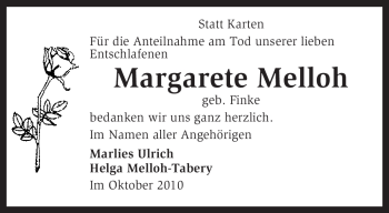 Traueranzeige von Margarete Melloh von KREISZEITUNG SYKE