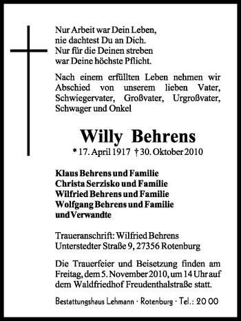 Traueranzeige von Willy Behrens von KREISZEITUNG SYKE