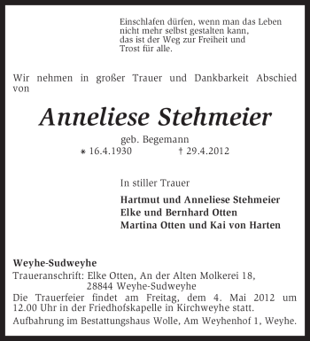 Traueranzeige von Anneliese Stehmeier von KREISZEITUNG SYKE