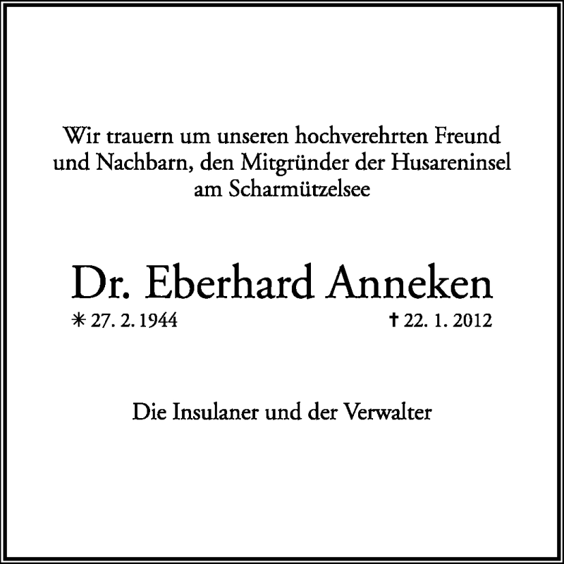  Traueranzeige für Eberhard Anneken vom 24.01.2012 aus KREISZEITUNG SYKE