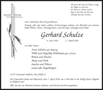 Traueranzeige von Gerhard Schulze von KREISZEITUNG SYKE