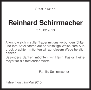 Traueranzeige von Reinhard Schirrmacher von KREISZEITUNG SYKE