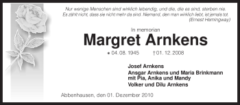 Traueranzeige von Margret Arnkens von KREISZEITUNG SYKE