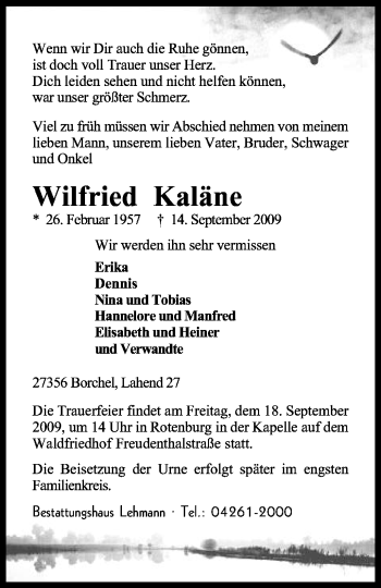 Traueranzeige von Wilfried Kaläne von KREISZEITUNG SYKE