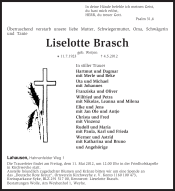 Traueranzeige von Lieselotte Brasch von KREISZEITUNG SYKE