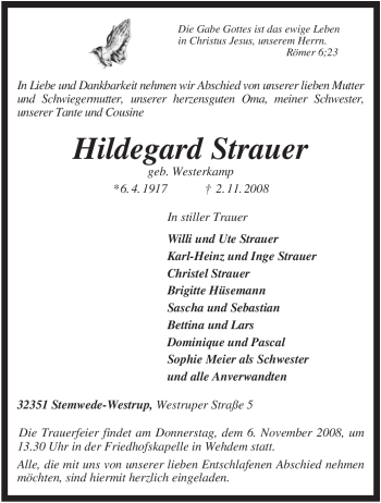 Traueranzeige von Hildegard Strauer von KREISZEITUNG SYKE