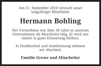 Traueranzeige von Hermann Bohling von KREISZEITUNG SYKE