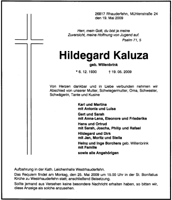 Traueranzeige von Hildegard Kaluza von KREISZEITUNG SYKE
