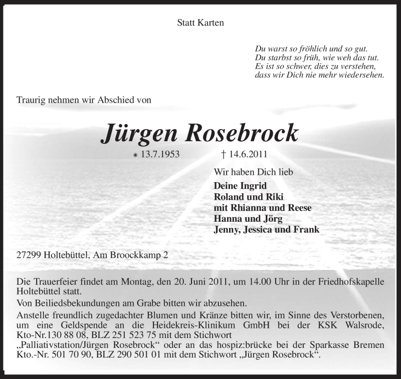  Traueranzeige für Jürgen Rosebrock vom 17.06.2011 aus KREISZEITUNG SYKE