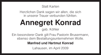 Traueranzeige von Annegret Konrad von KREISZEITUNG SYKE