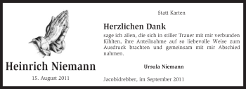 Traueranzeige von Heirnich Niemann von KREISZEITUNG SYKE