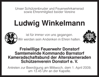 Traueranzeige von Ludwig Winkelmann von KREISZEITUNG SYKE