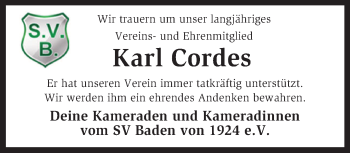Traueranzeige von Karl Cordes von KRZ
