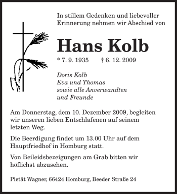 Traueranzeige von Hans Kolb 