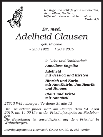 Traueranzeige von Adelheid Clausen von KRZ