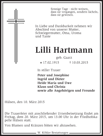 Traueranzeige von Lilli Hartmann von KRZ