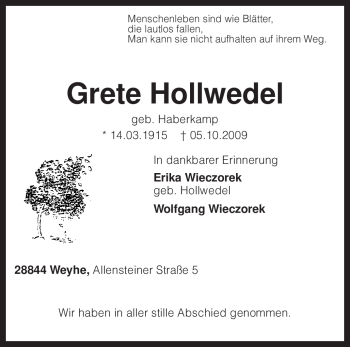 Traueranzeige von Grete Hollwedel von KREISZEITUNG SYKE