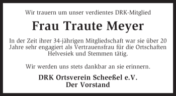 Traueranzeige von Traute Meyer von KREISZEITUNG SYKE