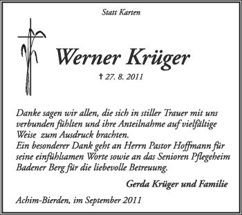 Traueranzeige von Werner Krüger von KREISZEITUNG SYKE