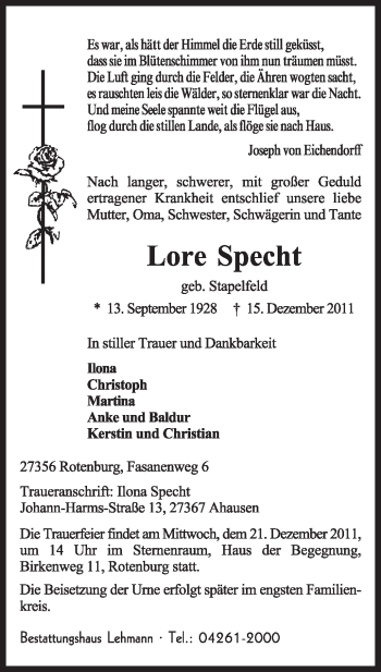 Traueranzeige von Lore Specht von KREISZEITUNG SYKE