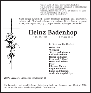 Traueranzeige von Heinz Badenhop von KREISZEITUNG SYKE