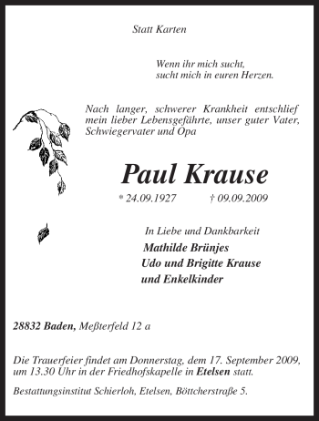 Traueranzeige von Paul Krause von KREISZEITUNG SYKE