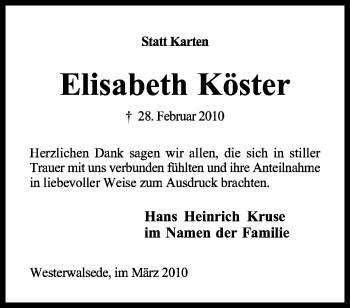 Traueranzeige von Elisabeth Köster von KREISZEITUNG SYKE