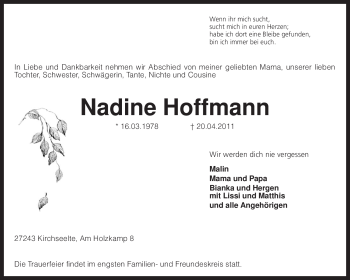 Traueranzeige von Nadine Hoffmann von KREISZEITUNG SYKE