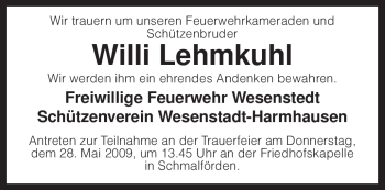 Traueranzeige von Willi Lehmkuhl von KREISZEITUNG SYKE