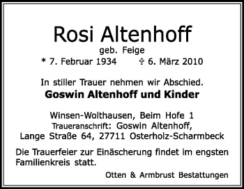 Traueranzeige von Rosi Altenhoff von KREISZEITUNG SYKE