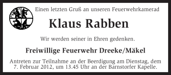 Traueranzeige von Klaus Rabben von KREISZEITUNG SYKE