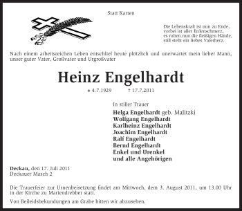 Traueranzeige von Heinz Engelhardt von KREISZEITUNG SYKE