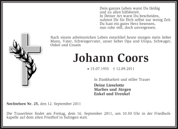 Traueranzeige von Johann Coors von KREISZEITUNG SYKE